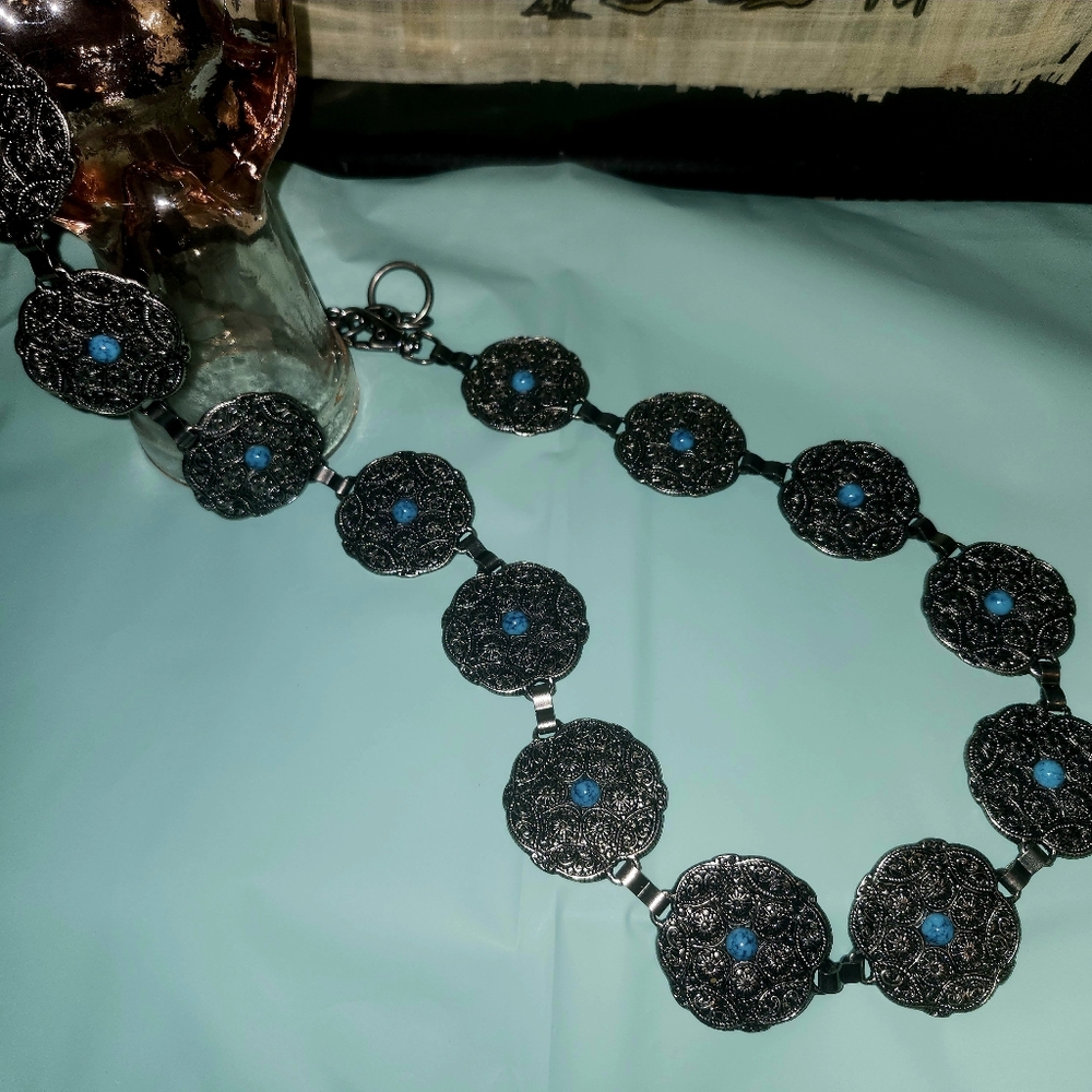 Elegant Silver And Turquoise Colored Stone Concha Belt
